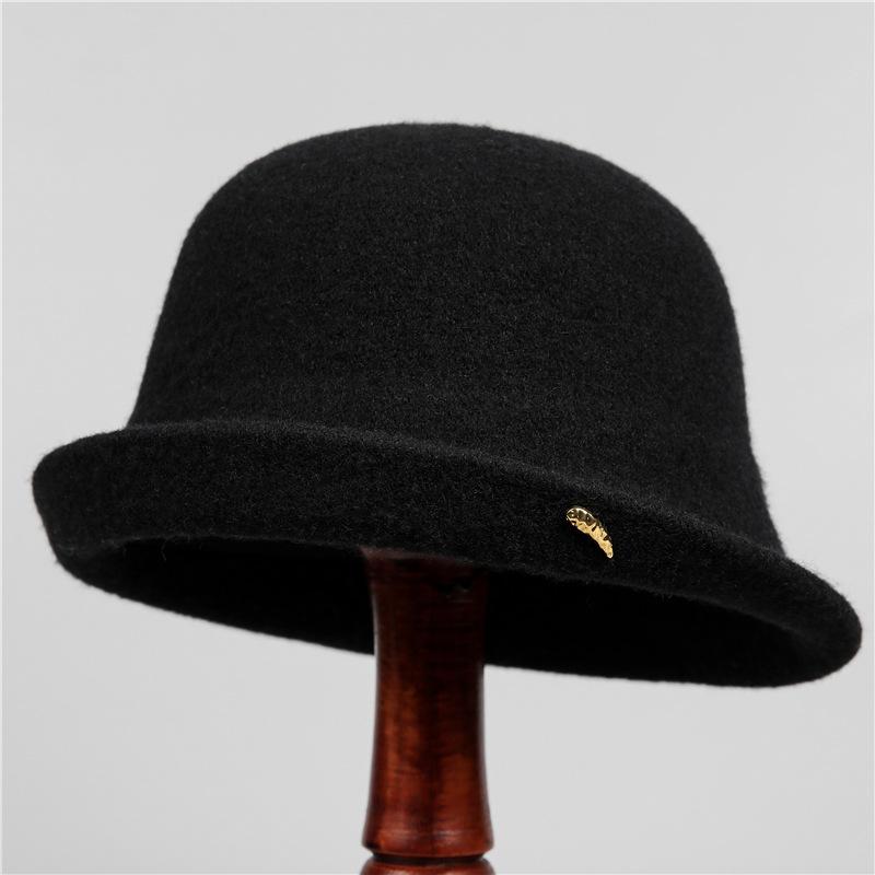 

Шерстяная шляпа женская осенне-зимняя однотонная шляпа-ведро с отворотом модная теплая шерстяная шляпа-котелок M（56-58cm） чёрный