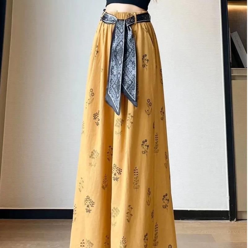 Women's Retro Floral Wide-Leg Ice Silk Pants - Summer Loose Fit, Nine-Point Casual Style