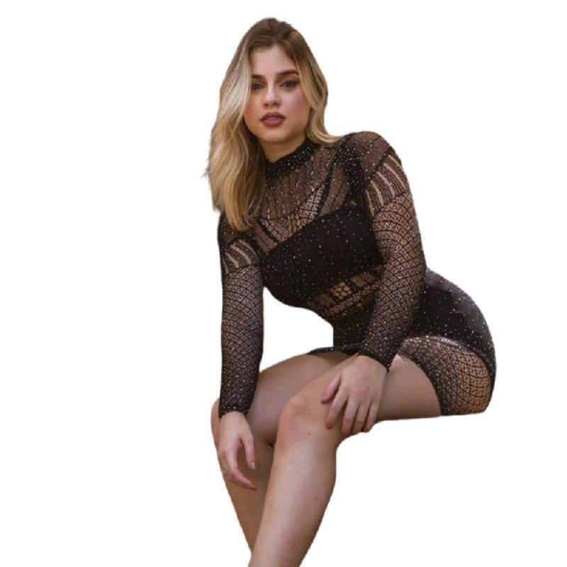 Danaiomei Damen Herbst Strass Cutout Halbochgeschlossenes Langarm Durchsichtiges Kleid T9130