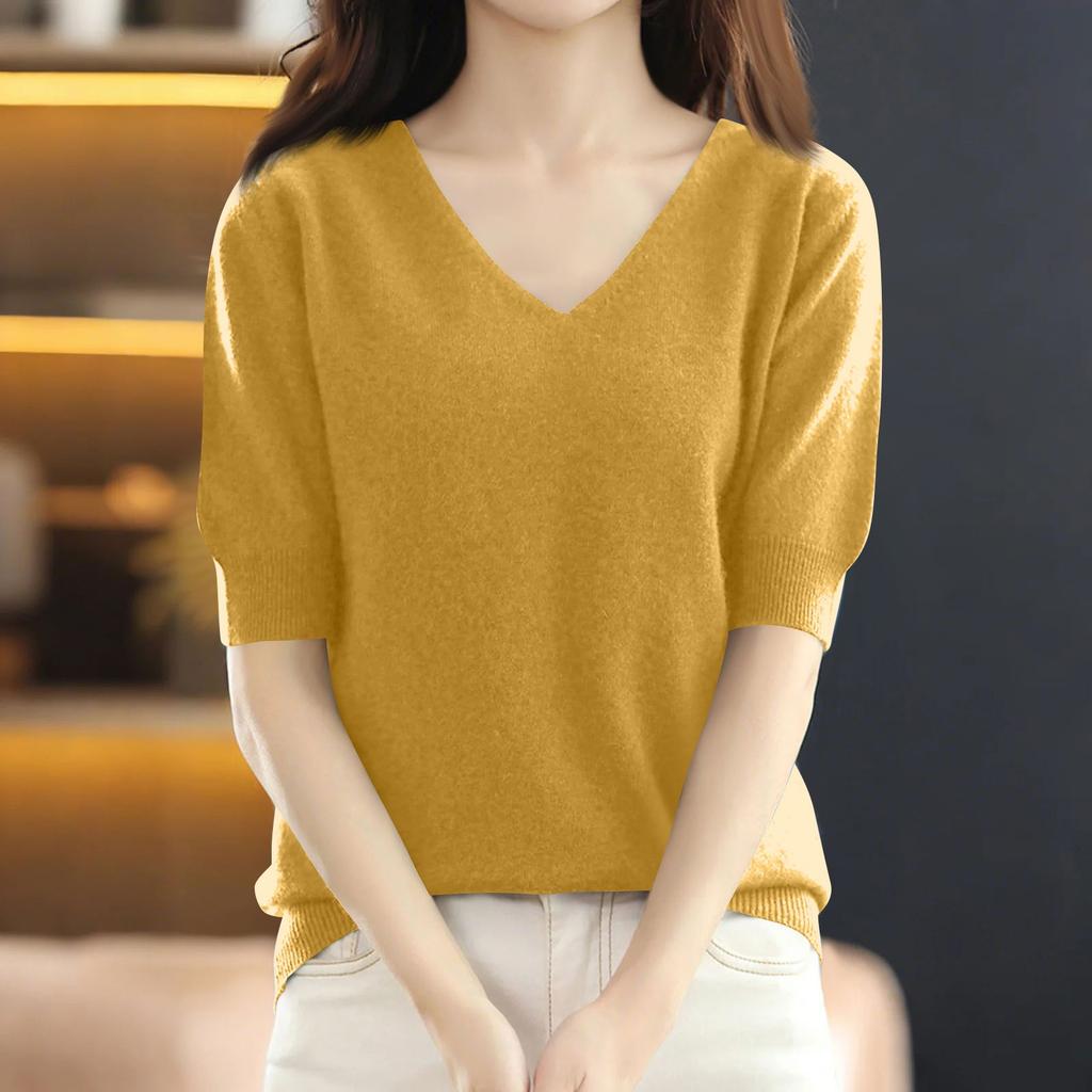 Women's Fashion Loose Knit Sweater Bottom Shirt V-Neck Pullover Sleeves Solid Color Top