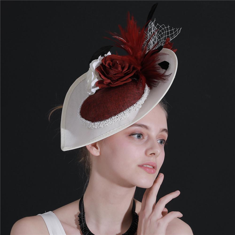 European And American Burgundy Imitation Hemp Yarn Headgear Bridal Hair Accessories Banquet Photo Top Hat Feather Headgear
