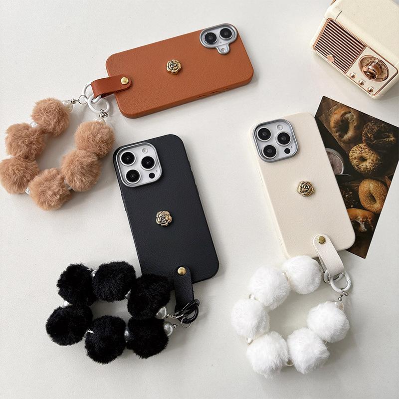 For IPhone17promax Phone Case Plush Hand Cord Camellia for Apple 16plus Silicone Protective Case