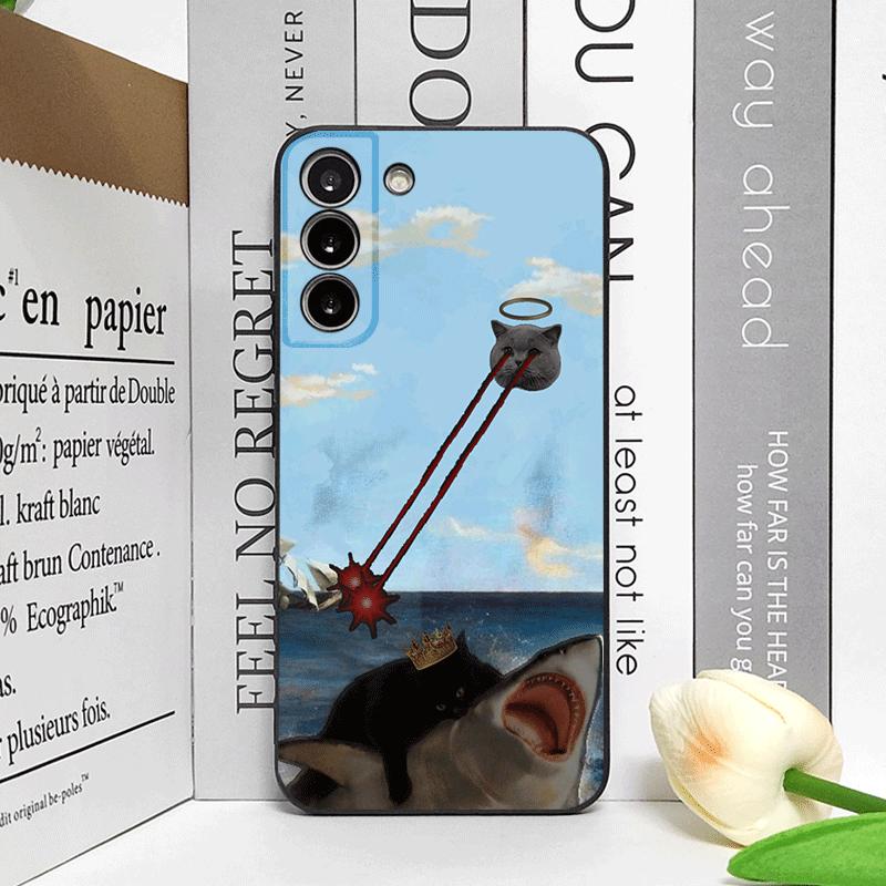 Funny Abstract Shark Black Cat Phone Case for Samsung Galaxy S24+ S25 S23 Ultra S22 Plus S21FE M53 M34 M55 5G Frosted Soft Cover