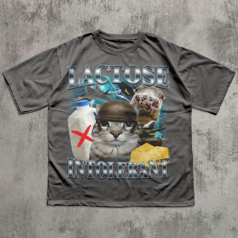 Lactose Intolerant Funny Cat Model Tshirt Lactose Shirt Silly Cat Tshirt Weird Tshirt Mens Spring and Summer Loose Top