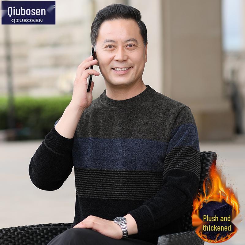 Midlife Dad s Fleece-Lined Knit Pullover: Warm Half-High Collar Sweater for Men in Autumn/Winter. 170/L 115-135 lbs