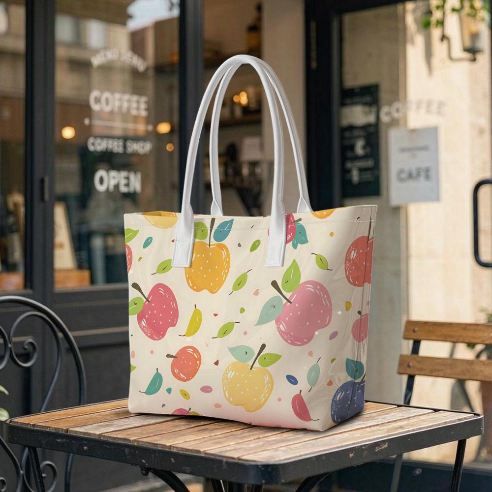Cute Apple Print Tote Bag Fashion Casual Large Handbag Lightweight Daily Shopping Bag Sweet Fruit Pattern Shoulder Bag Portable Trendy Women's Carryal