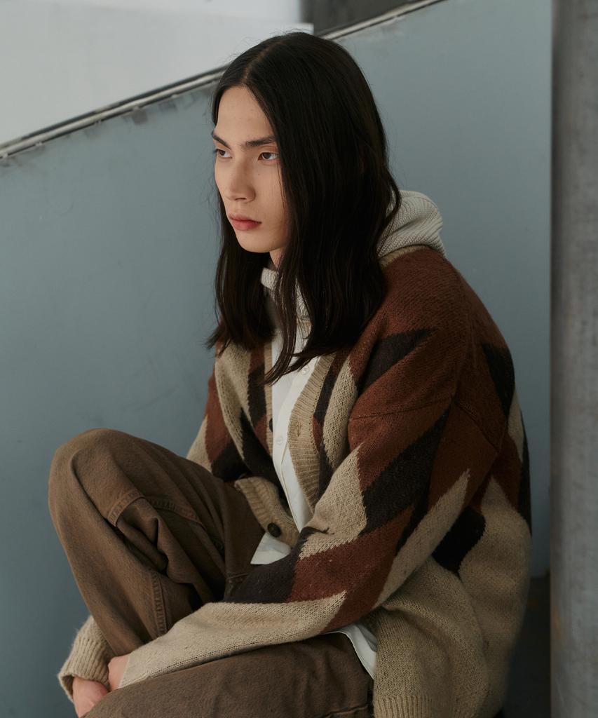 Knitted Bulky Brushed Argyle Cardigan Brown