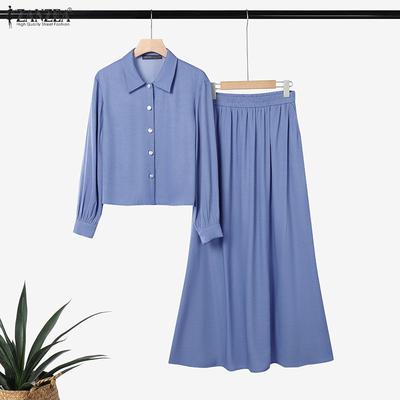 Blusa de Manga Comprida Feminina e Saias Longas Conjuntos de Fato de Duas Peças Casuais