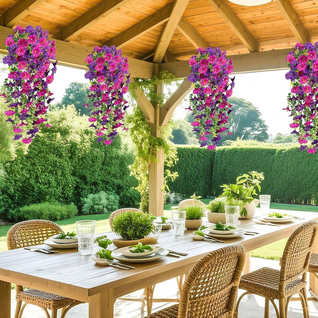 4 Bundles  Artificial Morning Glory Flowers Outdoor Fake Wildflowers For Garden Porch Home Hanging Decor Spring Summer