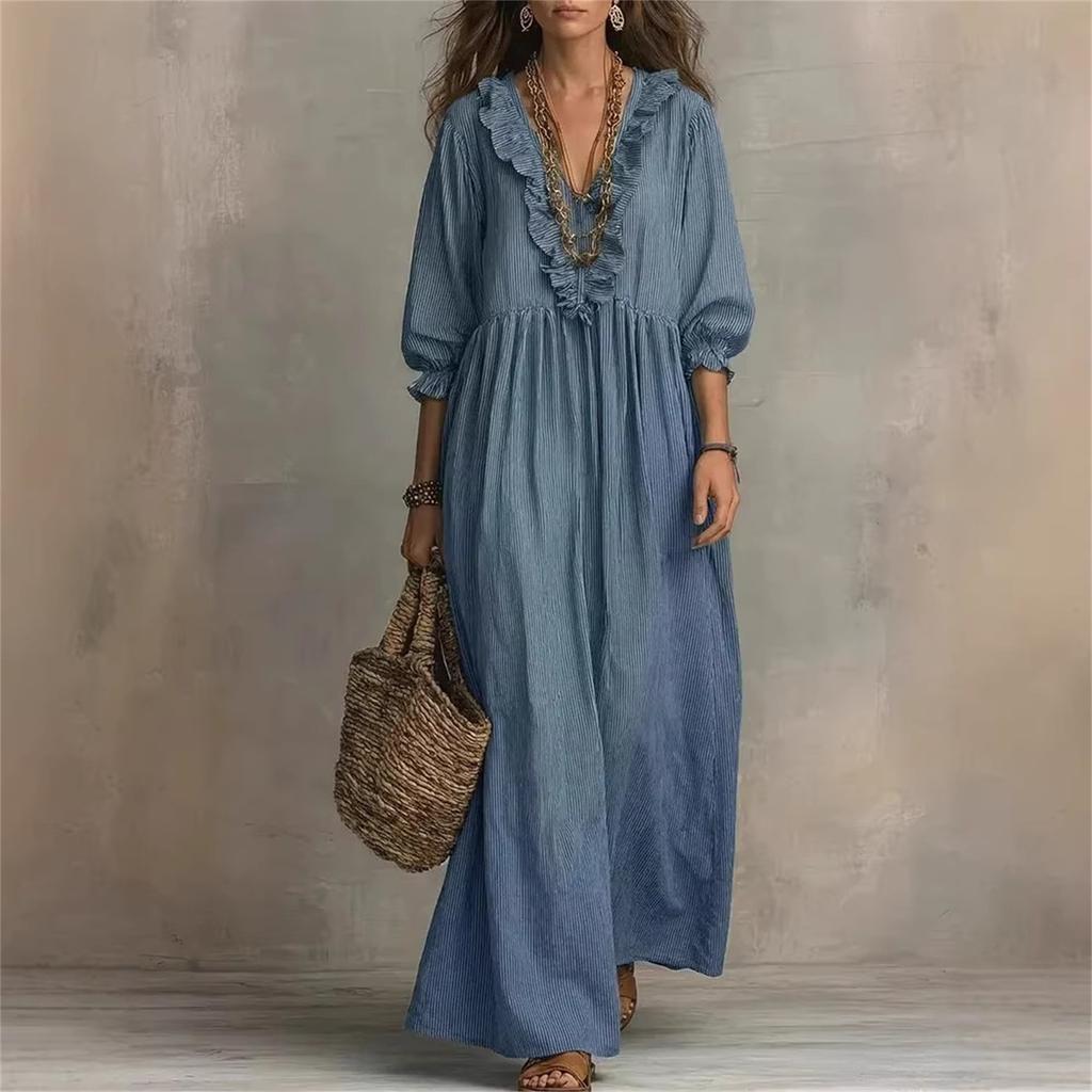Women’s Loose Fit Maxi Dress with Long Sleeves V Neck Ruffle Lightweight Flowy Casual Style for Everyday Wear