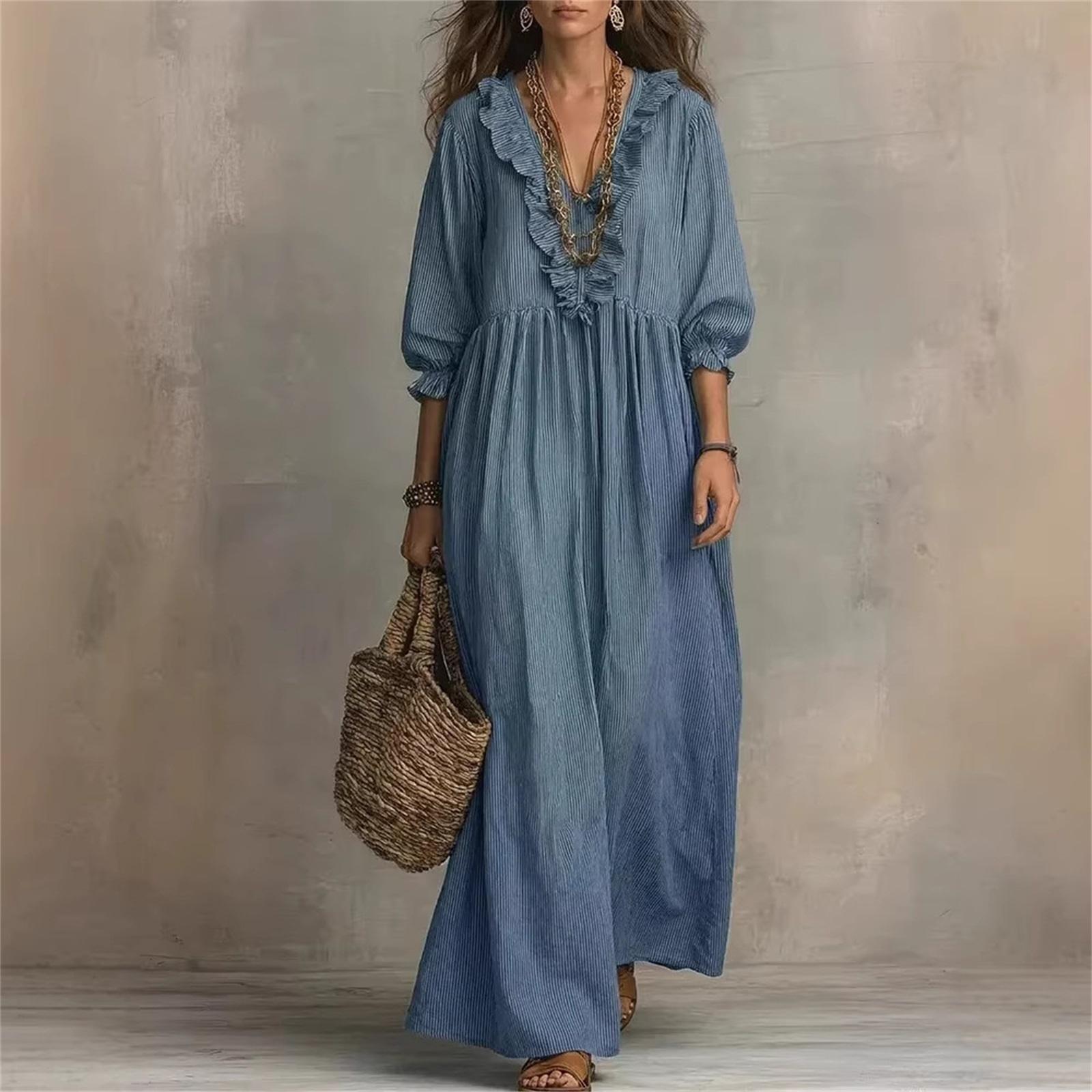 Women s Fashionable Casual Dress With Ruffled V-Neck L темно-синий