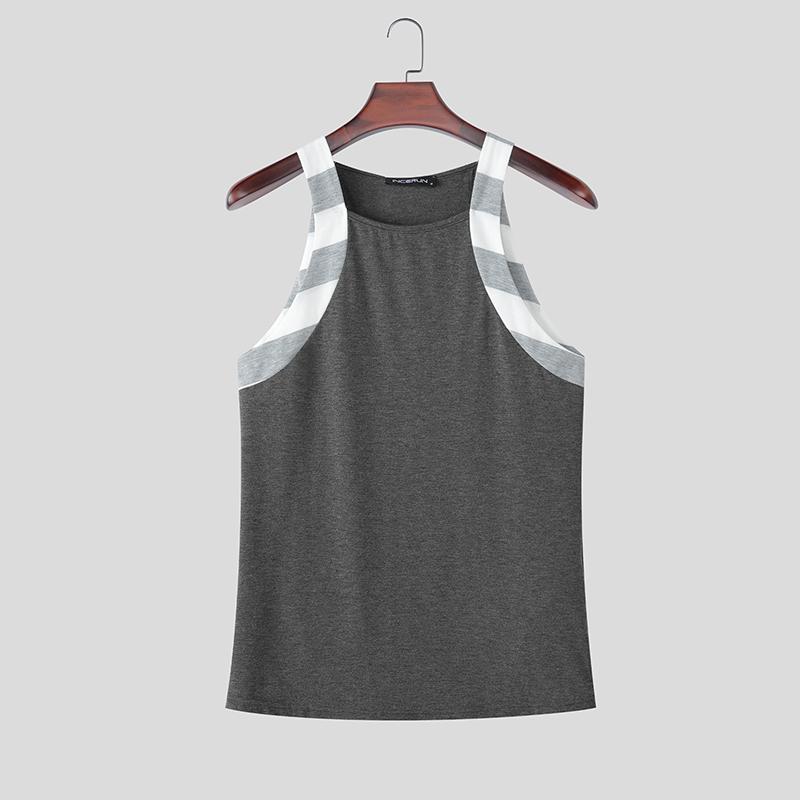 INCERUN Men Sleeveless Striped Splicing Casual Athletic Fitted Tank Tops Undershirts