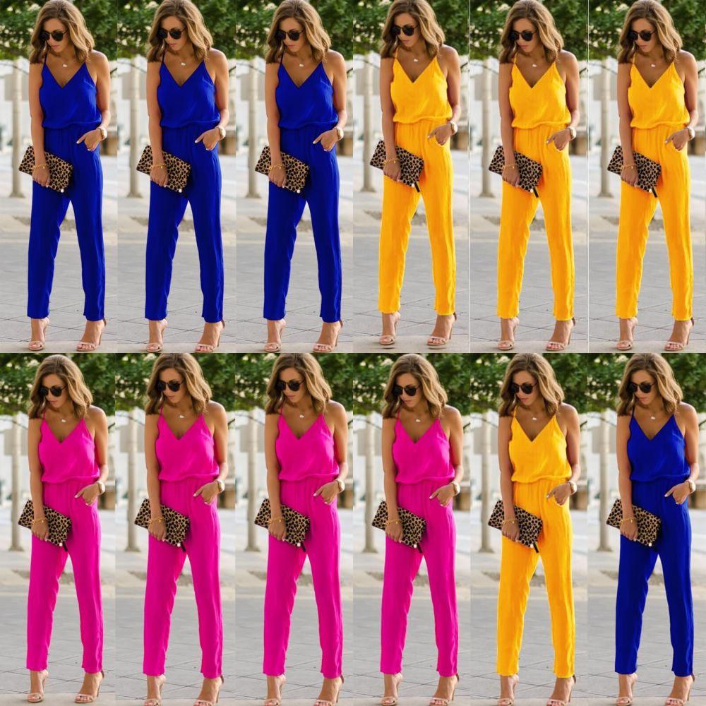 Elegant Women Spaghetti Strap Wide Leg Bodycon Jumpsuit With V-neck Romper Trousers