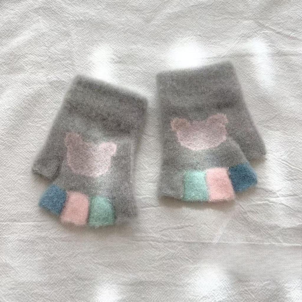 Baby Sticky Bow Mickey Half Finger Autumn and Winter Cute Baby Gloves Warm Knitted Gloves