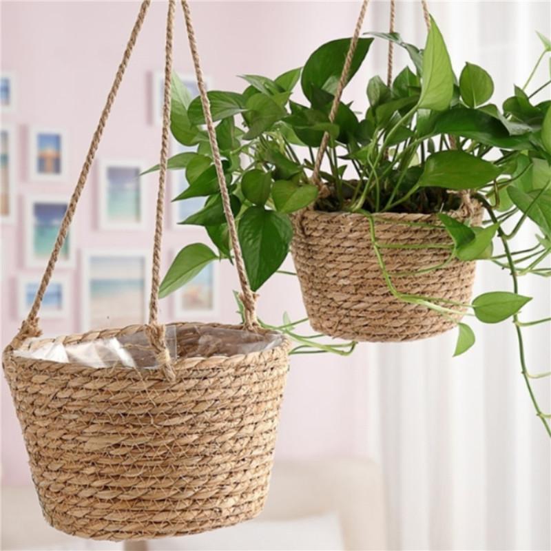 Grass Woven Hanging Flower Baskets Woven Hanging Green Plant Potted Flower Basket Cattail Hanging Flower Pots
