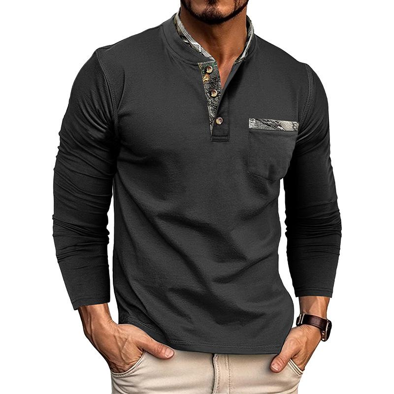 European and American Style Men’s Autumn and Winter Shirt Long-sleeve Henley Shirt Buttoned Double-collar Top