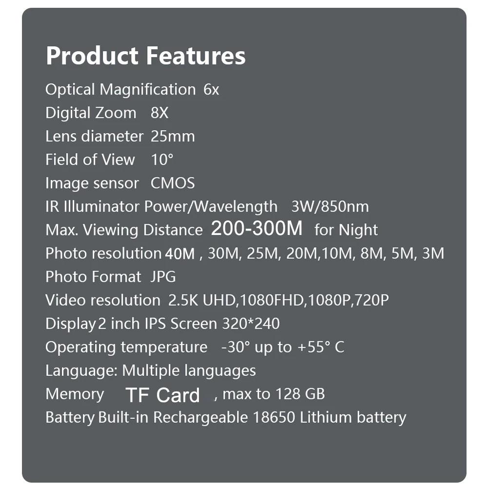 Digital Night-Vision Monocular 40MP 2.5K Infrared Telescope 984ft Night-Vision Distance 8X Digital Zoom 6X Optical Magnification