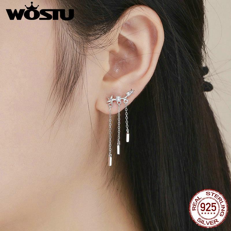 WOSTU New Arrival 925 Silver Dazzling Star Tassels Drop Earrings For Women Fashion Silver Jewelry Gift For Wife CQE399