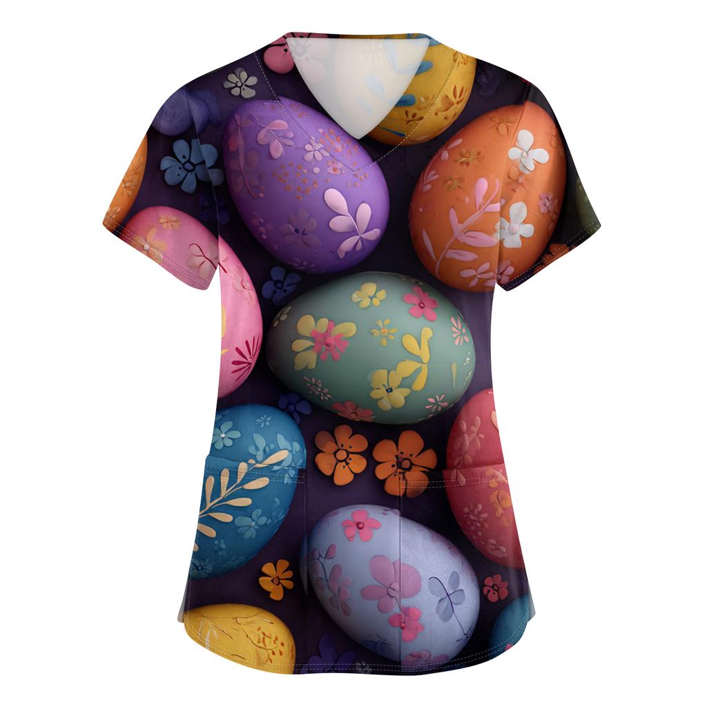 Women's Fashion V-Neck Short-Sleeved Workwear With Pockets Easter Print Top Caregiver Uniform