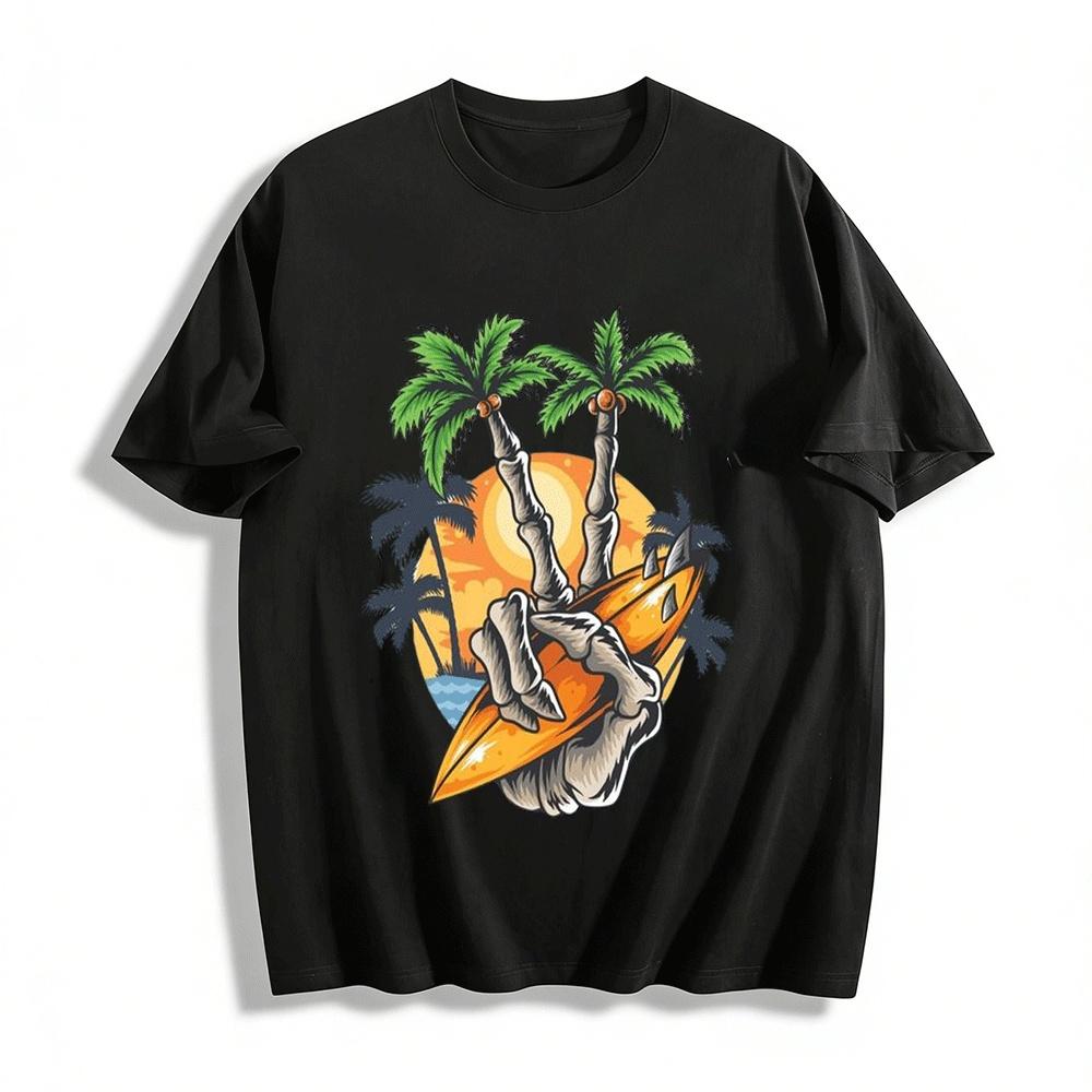 

Retro Skeleton Hand Surf Coconut Tree Sunset Graphic Tee Pure cotton T-shirt XXS