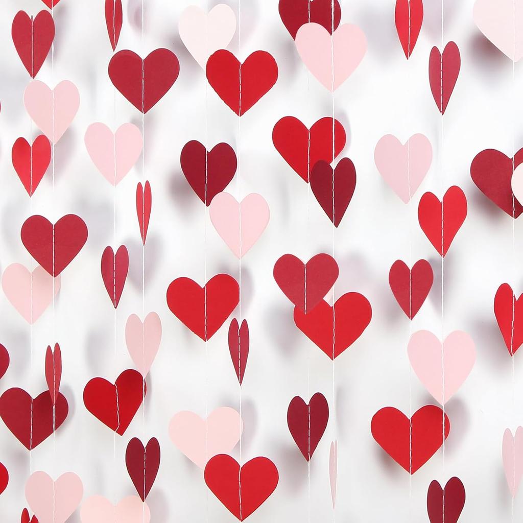 Rose-Gold Pink Burgundy Valentines Decorations - Paper Heart Garland 52ft Hanging Streamer Banner Engagement Mothers Day Wedding Anniversary Bridal