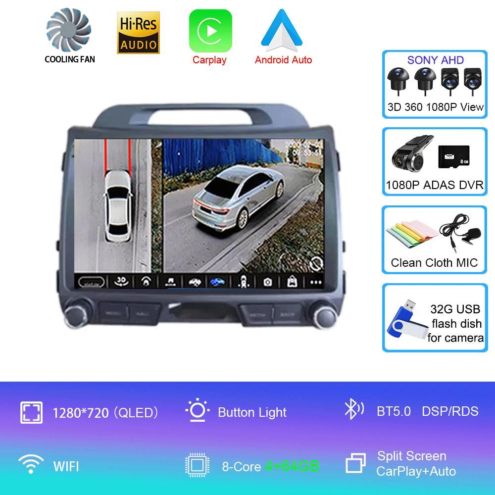 Android 14 For KIA Sportage 3 2010 - 2016 Car Multimedia Player GPS Navigation 9Inch QLED TouchScreen Wireless Carplay WIFI 4G