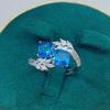 Silver-Plated Open Ring with Synthetic Ruby and Blue Spinel Squares for Women