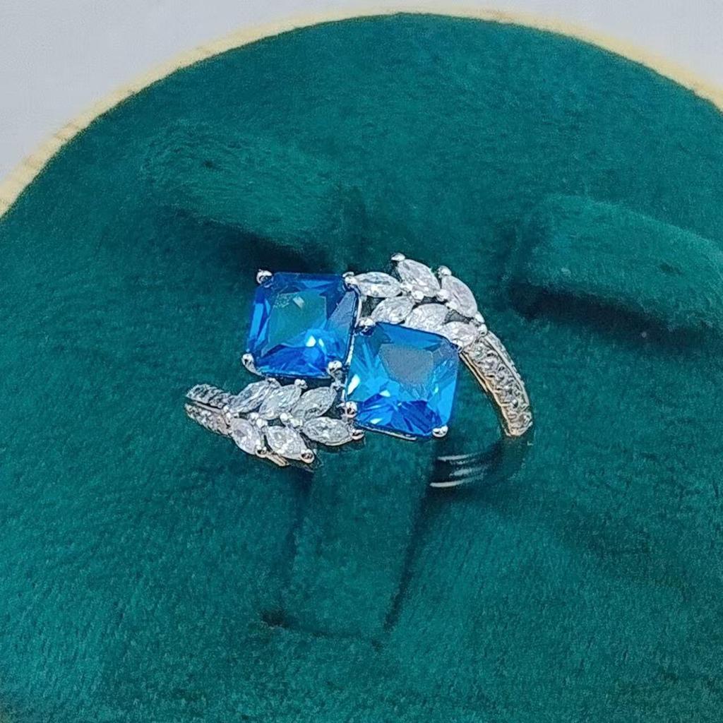 Silver-Plated Open Ring with Synthetic Ruby and Blue Spinel Squares for Women