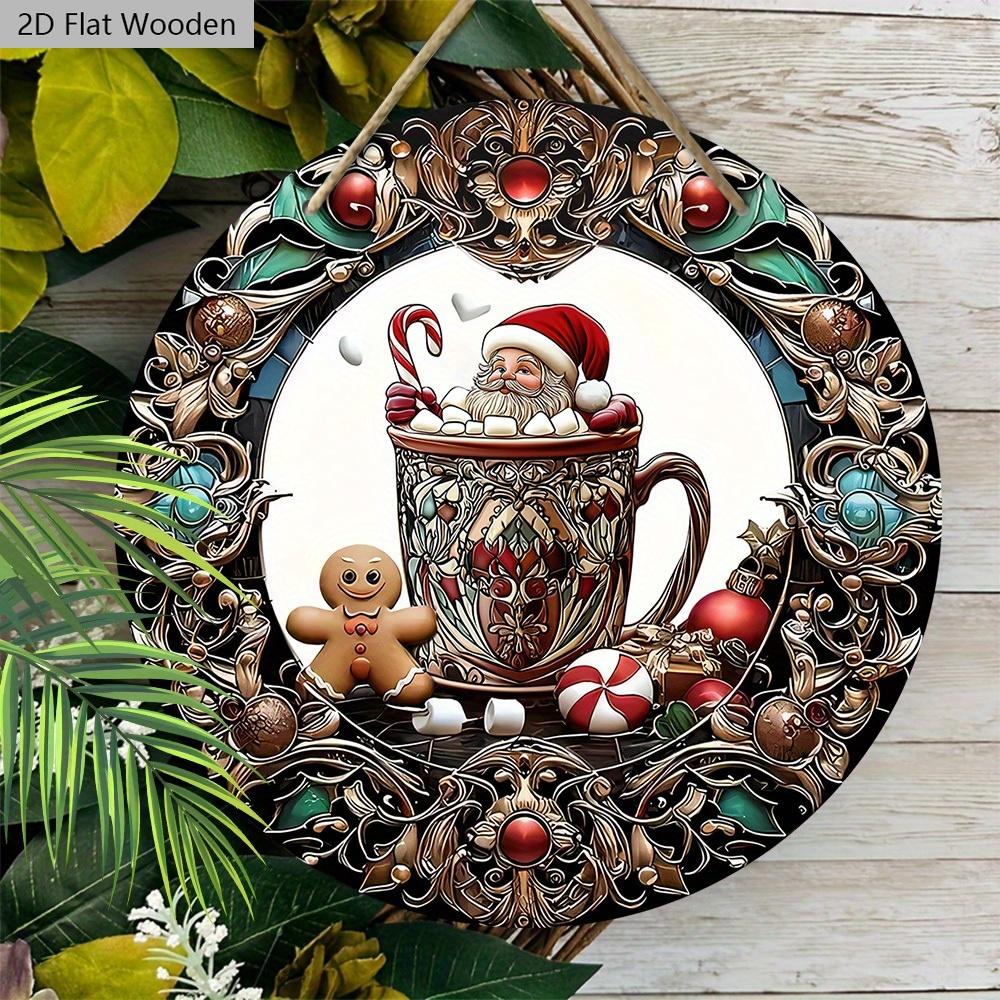 Christmas Hot Cocoa Wooden Sign with Santa Claus & Gingerbread Man Pattern - Navidad Sign for Front Door, Wall Hanging Decor - Ideal Christmas Decor