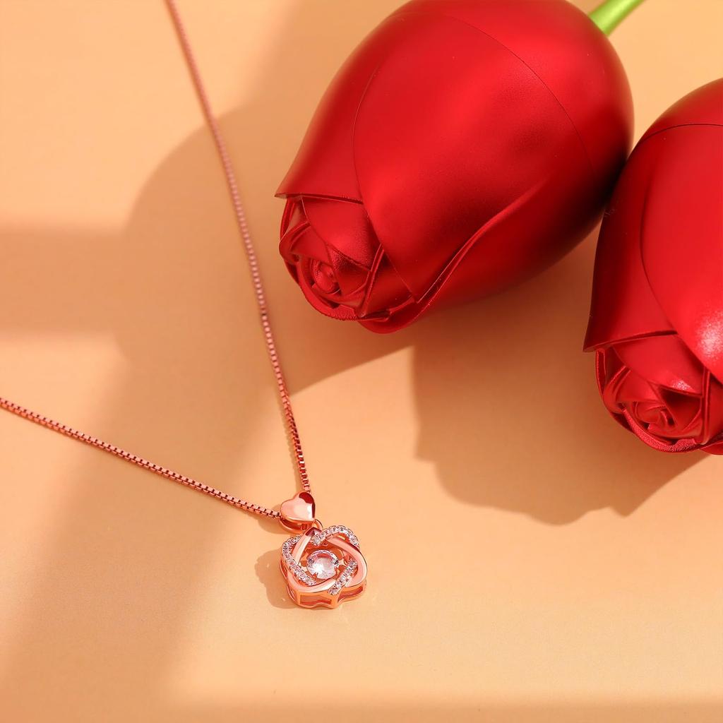 [Drawelry] Rose Double Heart Zirconia Necklace with Built-in Surprise Rose Jewelry - Personalized Heart Necklace with Rose Jewelry Box and Preserved