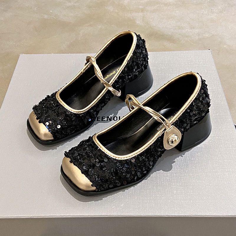 2024 Mary Jane Szpilki w stylu francuskim z cekinami: Szykowne Wiosenne Wieczorowe Skórzane Buty
