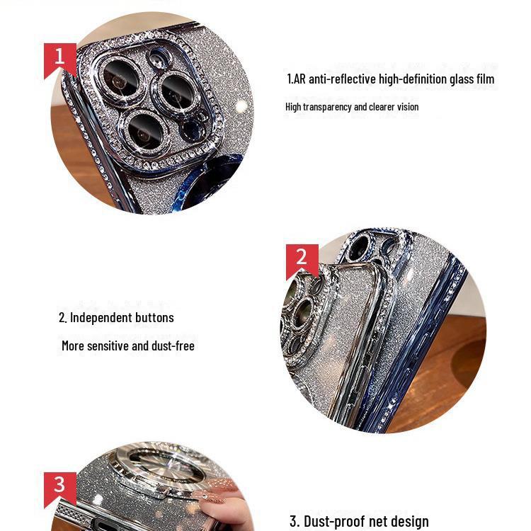 Magnetic Rhinestone Bracket for iPhone 13/14 Pro Max with Electroplated Glitter Lens Film