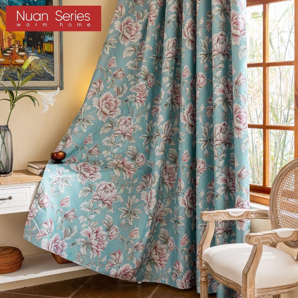 1PC Nuan Series American Countryside Style Peony Printed Blue Curtain Full Blackout Curtains for Bedroom Living Room Balcony Window for Home Decor