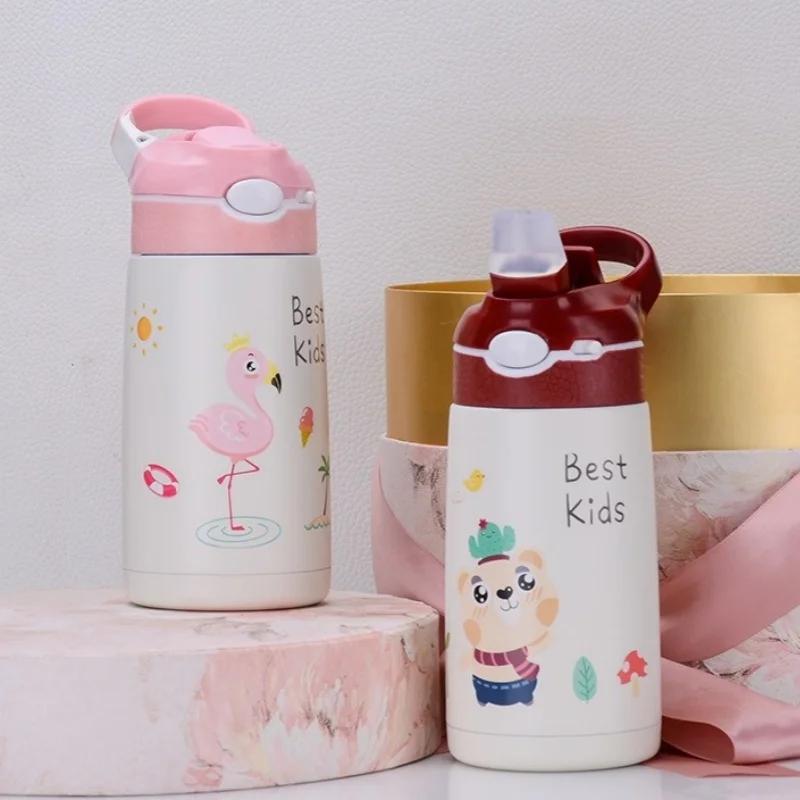 400ML Kids Water Bottle Cartoon Animal Thermos Mug Baby Duck Billed Straw 316 Stainless Steel Vacuum Flasks Thermos Bottle