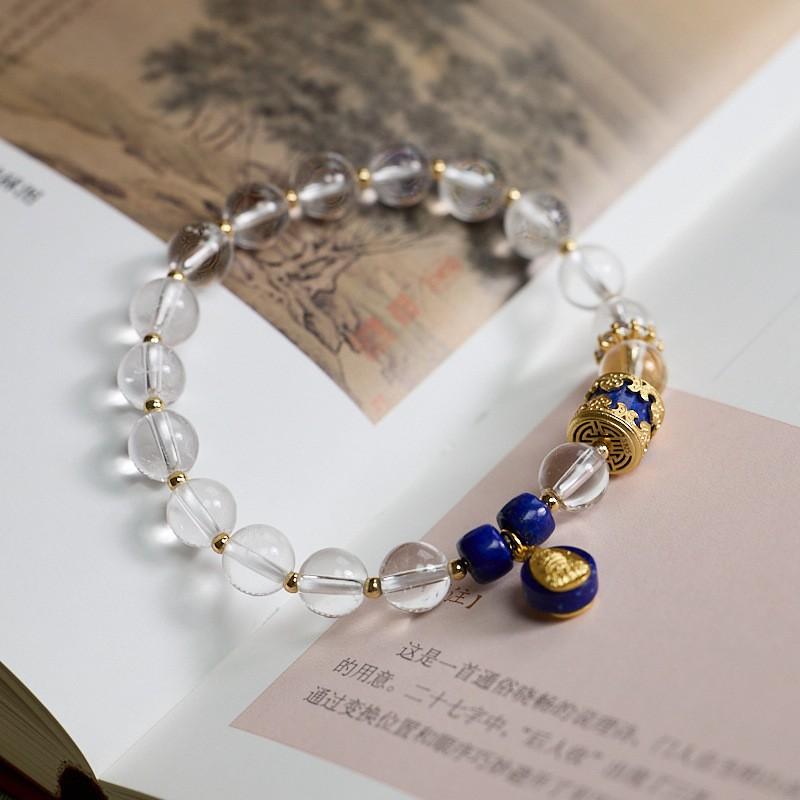 Handmade Natural White Crystal Bracelet With Lapis Lazuli Zha Ji La Mu Charm Ethnic Style Stackable Jewelry Women