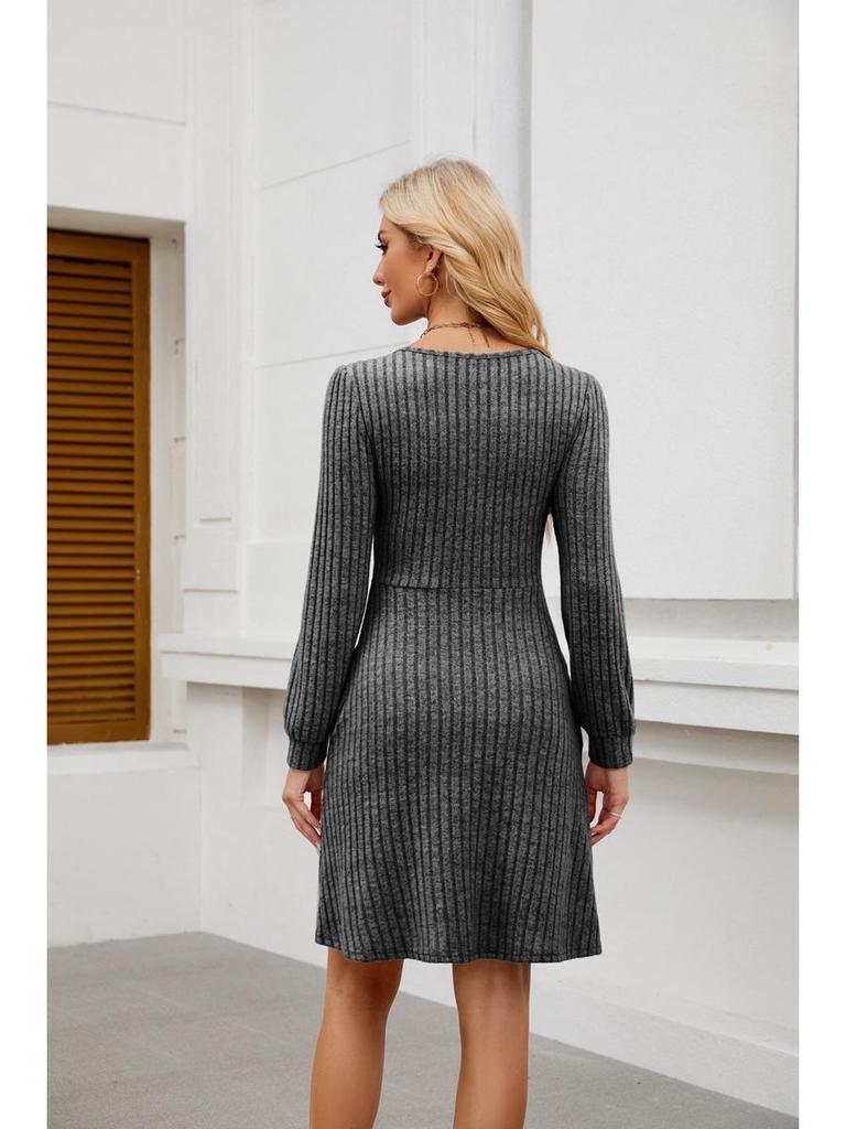 2025 Women's Square Neck Pocket Knit Sweater Dress - Long Sleeve Casual Fashion