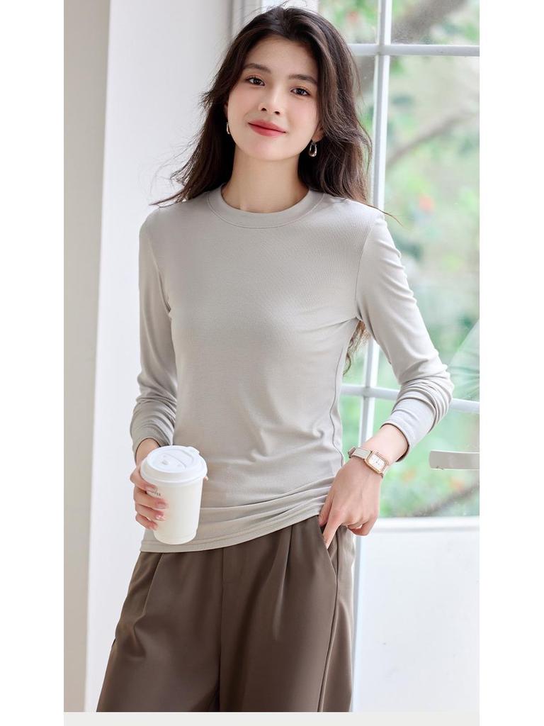 Women's Heavyweight Lyocell Long Sleeve Round Neck T-shirt with Plus Velvet Inner Layer - Slim Fit, Thickened for Autumn/Winter