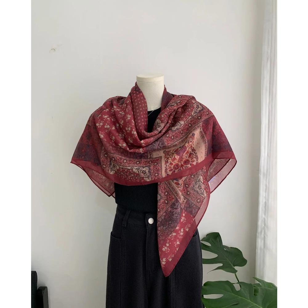 Head Scarf Women Square Scarf Thin Silk Like French Vintage Shawl Exclusive Design Spring Summer Autumn Lightweight Multipurpose