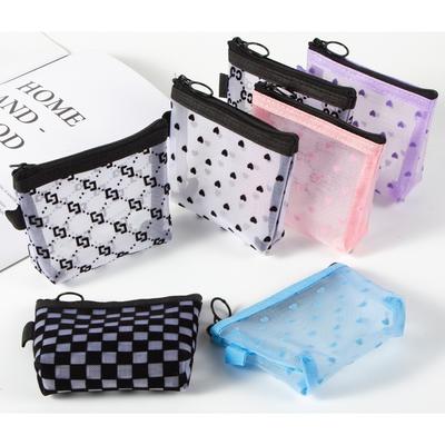 Neue bunte Herz gedruckt durchsichtige Mesh-Aufbewahrungstasche tragbare Kosmetiktasche Make-up-Tasche Mini süße Geldbörse Kartenhalter Fall