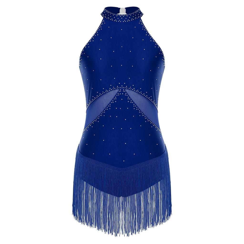 Dame Latin Dans Leotard Glitrende Rhinestone Dusker Mesh Lappverk Rygg Utklipp Bodysuit Ytelseskostyme