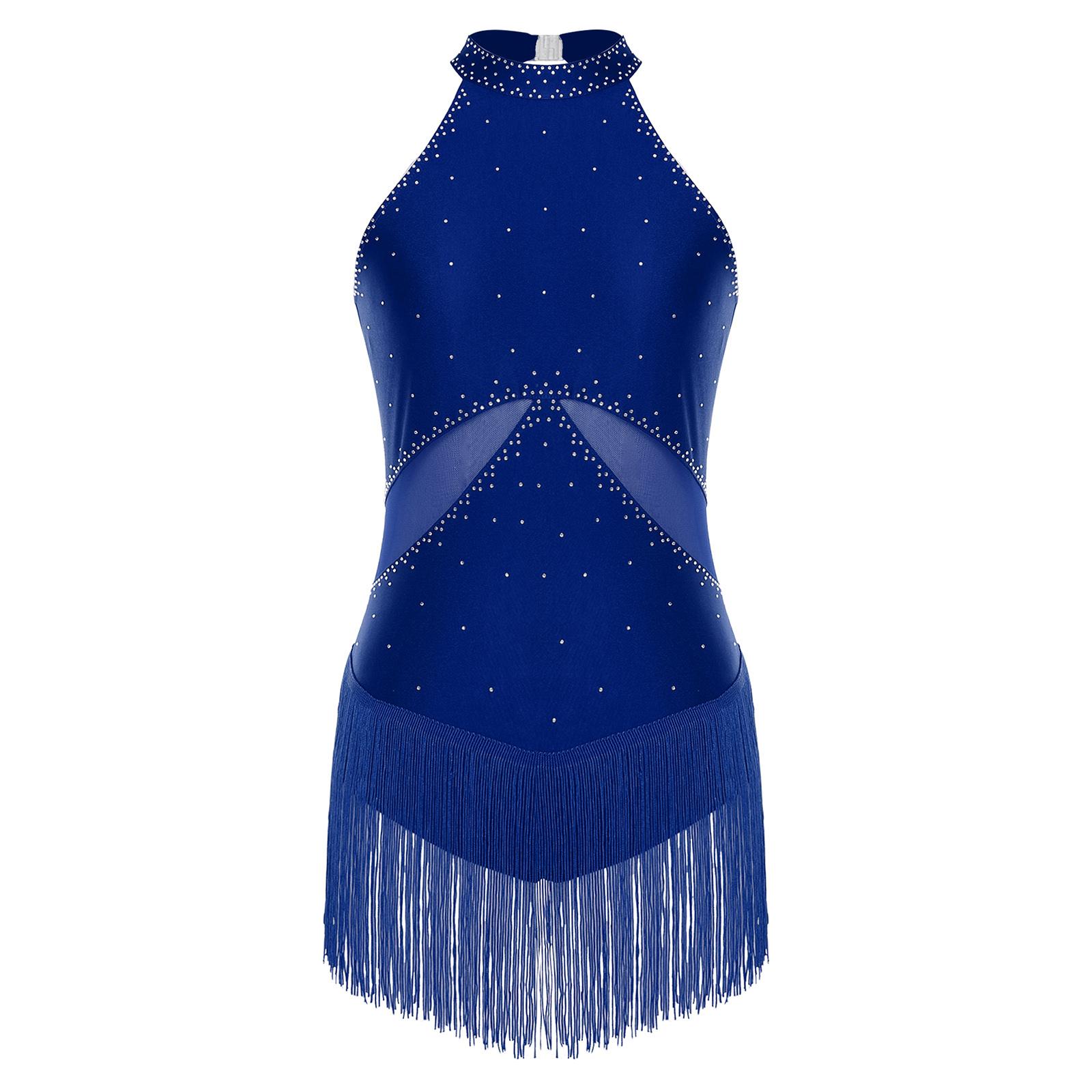 

Жіночий латиноамериканський костюм для танцю ча-ча Блискучий стразовий з китицями Сітчастий печворк З відкритою спиною Боді для виступу Леотар S темно-синього кольору