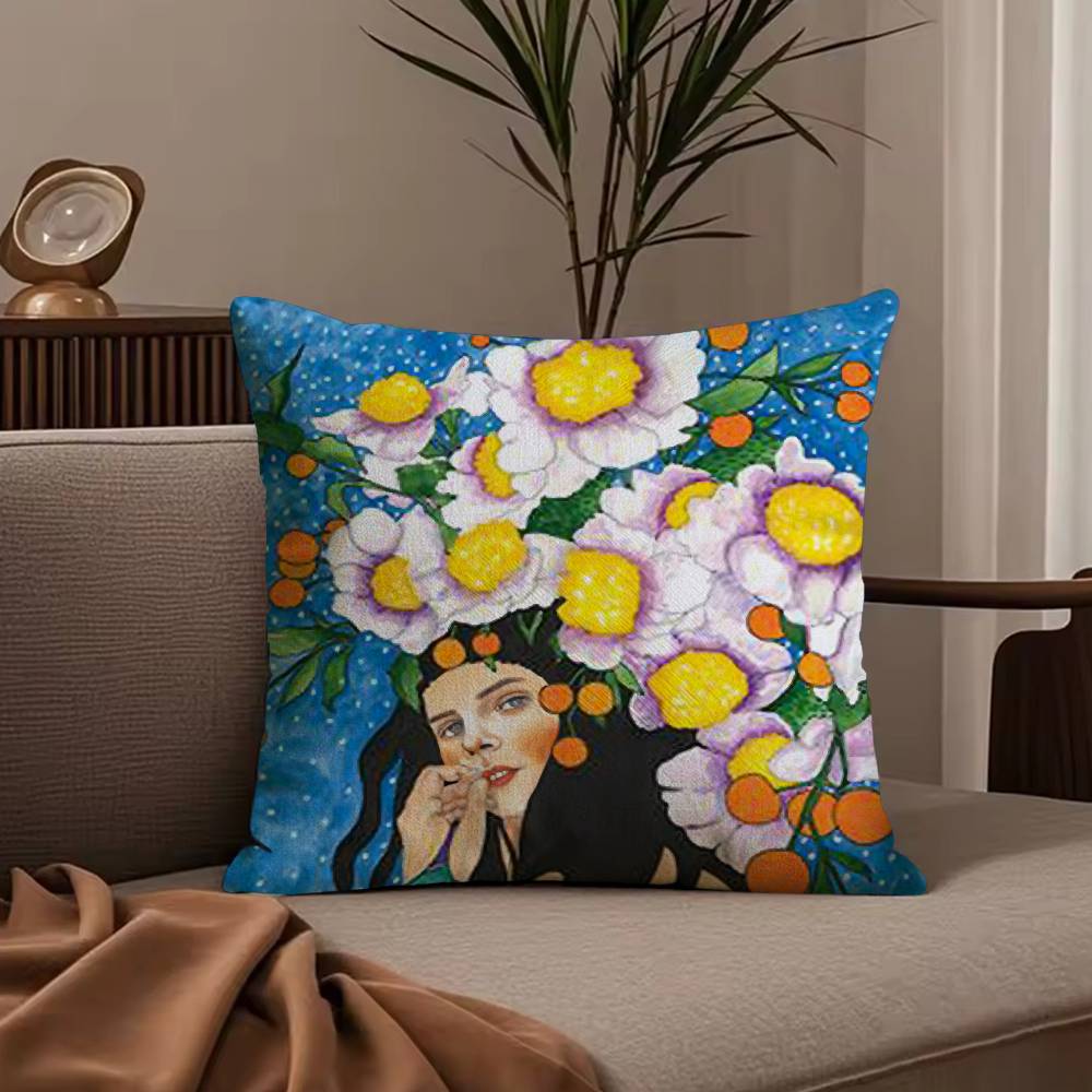 Vintage Abstract Girl Hair Flower Pillow Case Anti-dustmite Pillowcase Invisible Zipper Silky Short Plush Sofa Cushion Cover