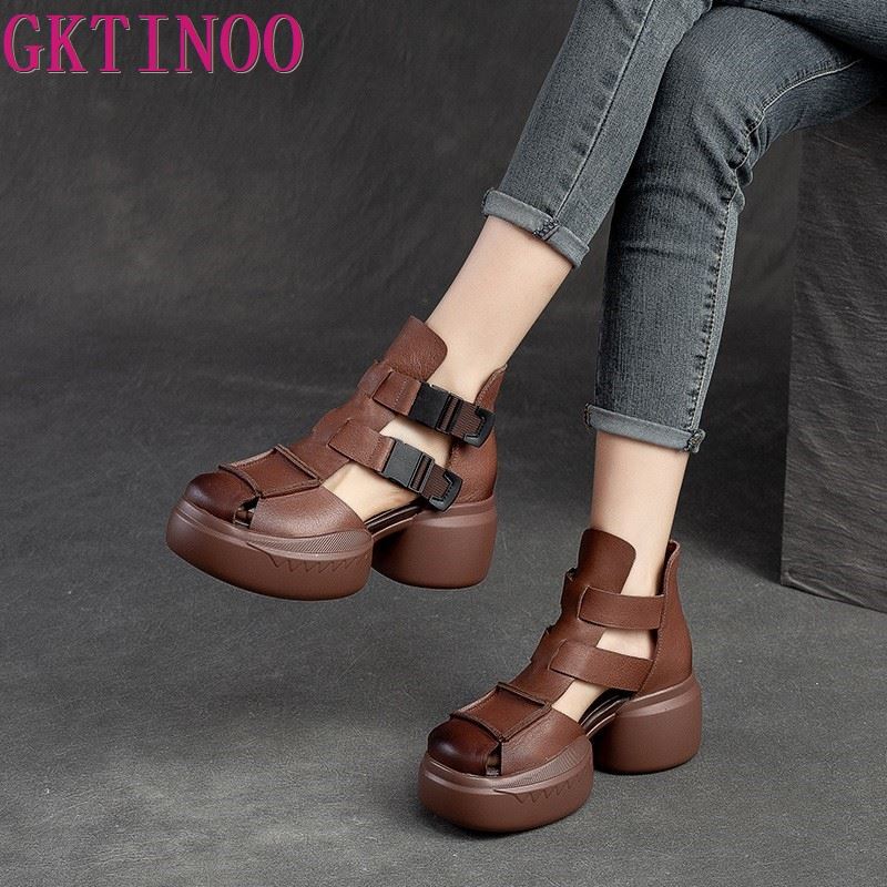 Fashion GKTINOO 2025 New Summer Black Women Genuine Leather Sandals Cool Boots Platform Shoes Wedges Sandals Women Shoes Outdoor Sandals