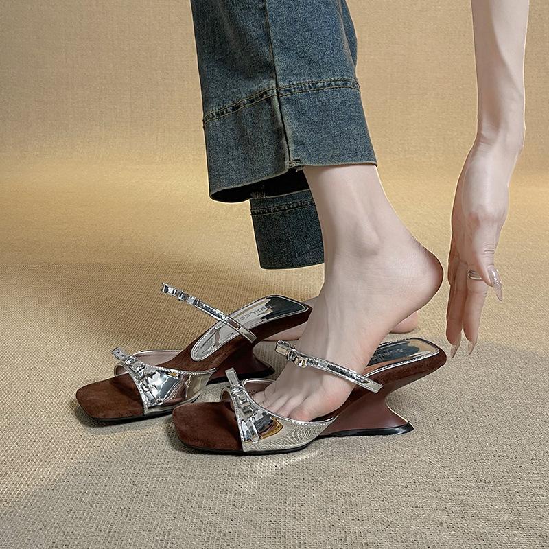 Silver bow wedge heel temperament sandals women's summer new high heel cool slippers women
