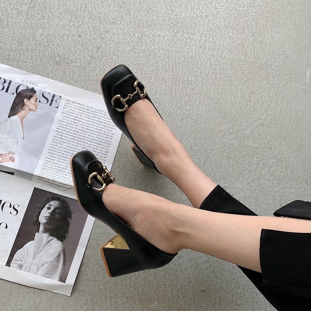 Baotou sandals women's summer middle heel thick heel high heels Mary Jane square head horse buckle single shoes