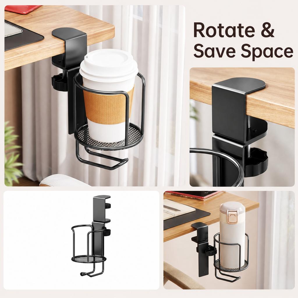Rotatable Clip-On Cup Holder for Desk Edge Space Saving Water Bottle Organizer Suitable for Home Office Tabletop Use