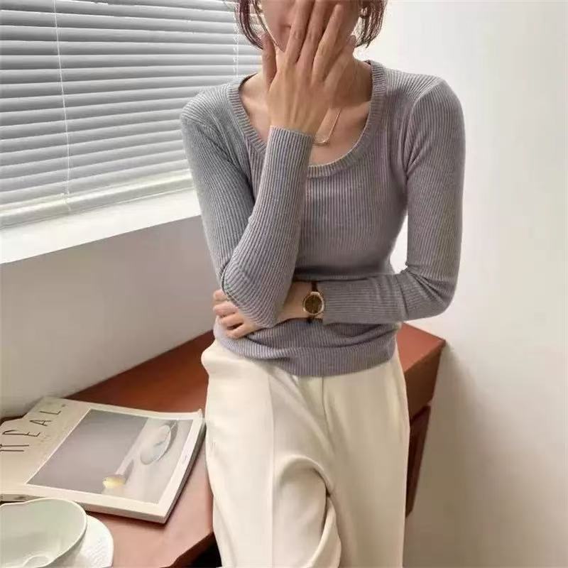 autumn and winter new low round neck long-sleeved slim-fit jumper stacked with simple solid color bottoming shirt top women
