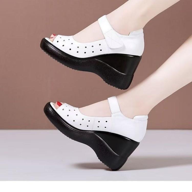 

2025 fish mouth sandals women s wedge heel thick-soled muffin inner height increase women s shoes 10cm high heels casual hollow white shoes 35
