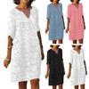 Women Summer Dress Mid Sleeves V-neck Solid Color Loose Pullover Daily Wear Flower Print Casual Lady Midi Dress Female Clothes