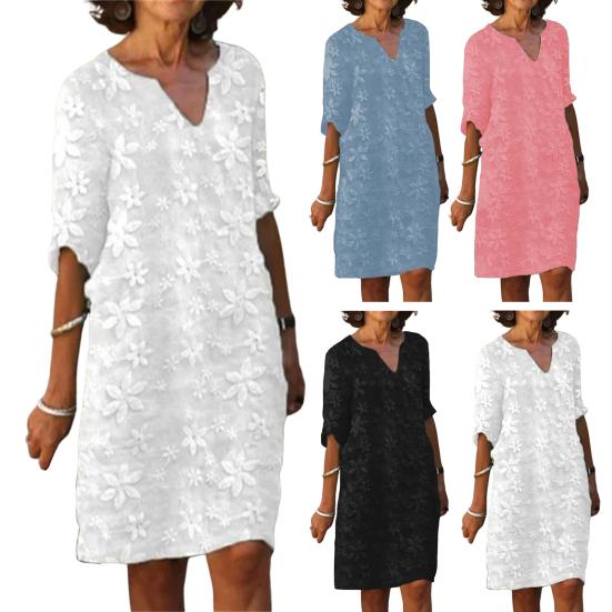 Women Summer Dress Mid Sleeves V-neck Solid Color Loose Pullover Daily Wear Flower Print Casual Lady Midi Dress Female Clothes
